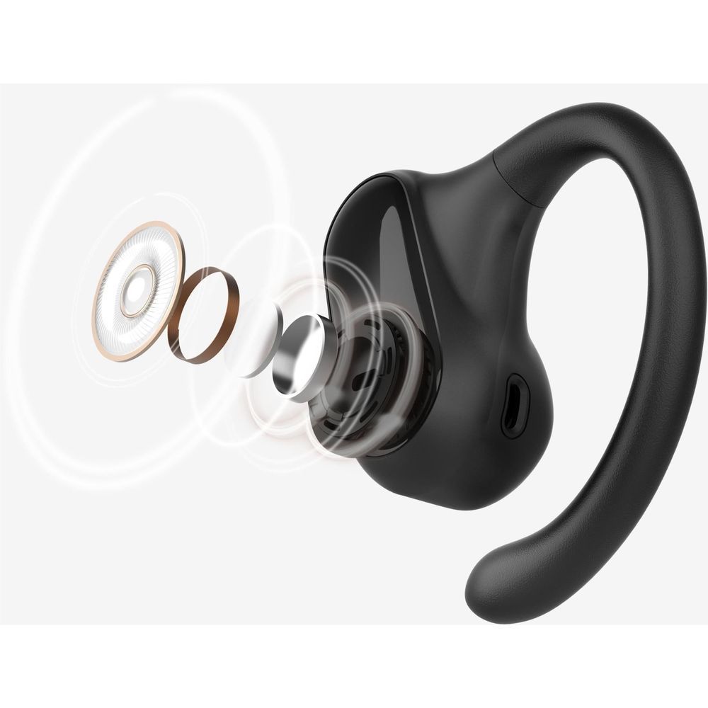 Black open-ear true wireless earbud with curved ear hook and speaker grille