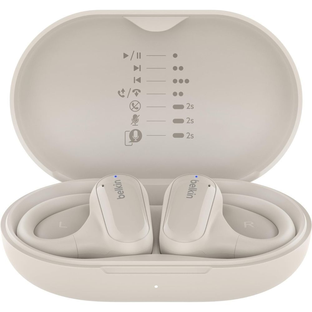 Sand charging case open with two earbuds inside, showing control icons