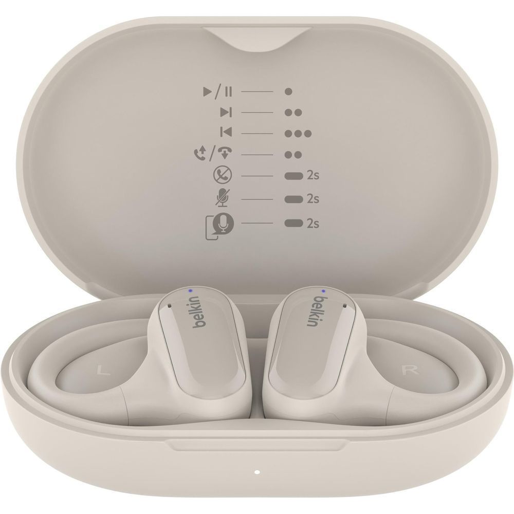 Sand charging case open with two earbuds inside, front view