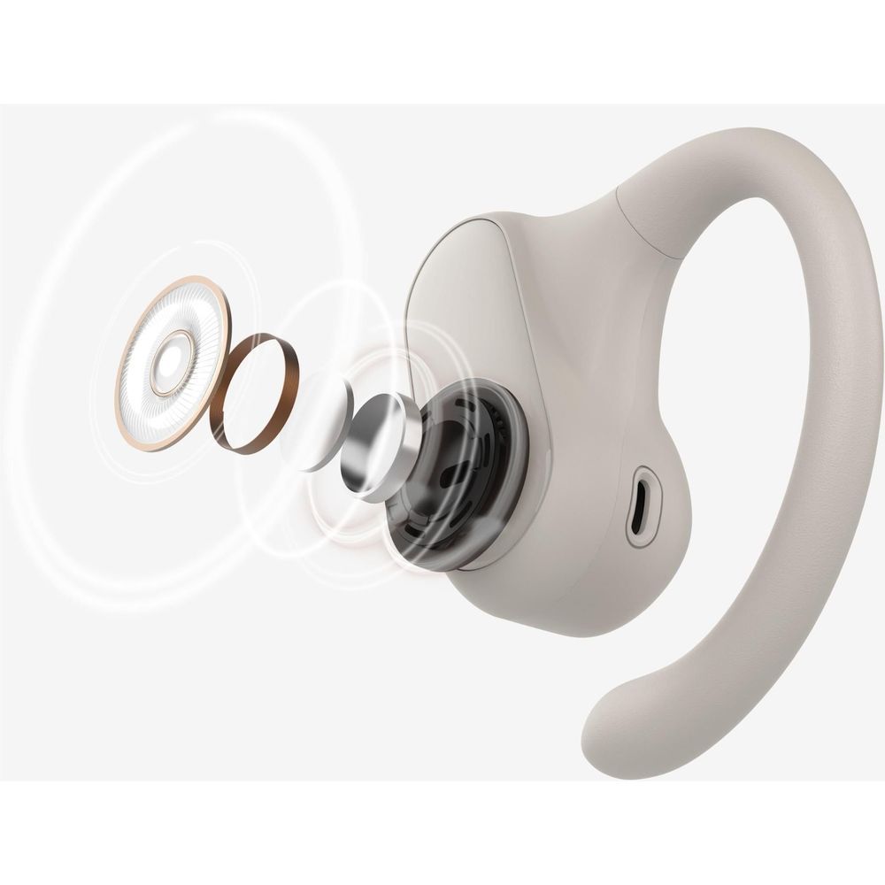 Sand open-ear earbud with speaker area and button port