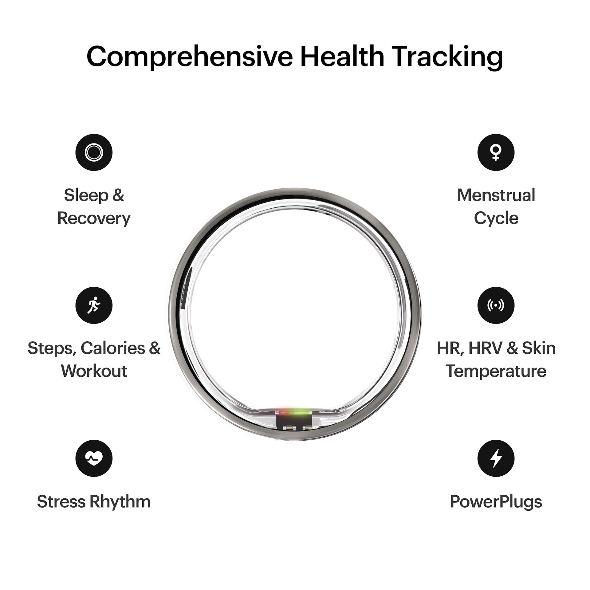 Titanium smart ring centered with health tracking feature icons