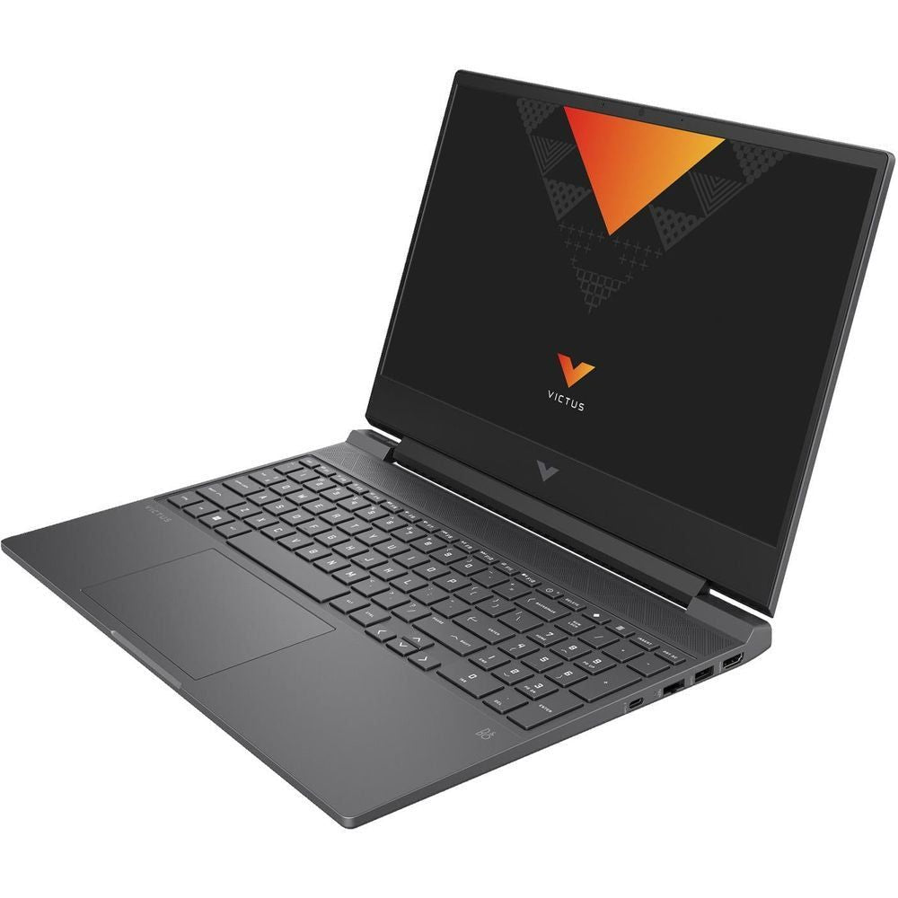 Open Victus gaming laptop with keyboard and trackpad, dark screen with orange V emblem