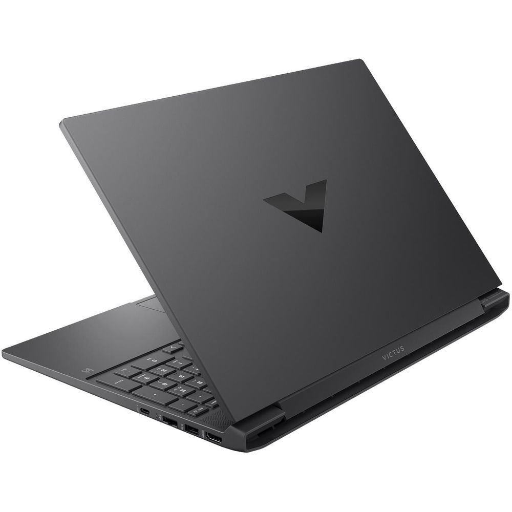 Victus gaming laptop from rear and side, dark lid and hinge with arrow-shaped mark