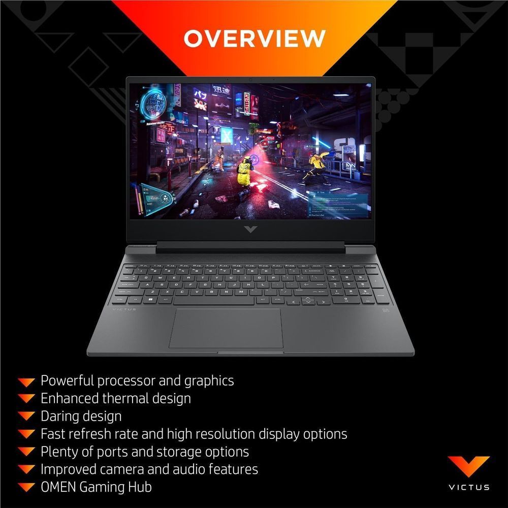 Victus gaming laptop with screen showing a colorful game scene, dark chassis