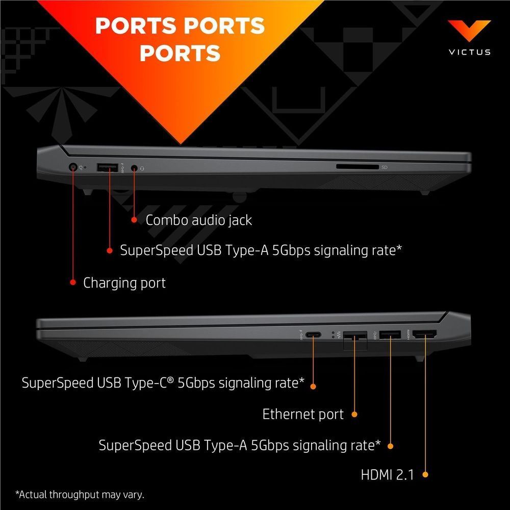 Victus gaming laptop side ports view, showing multiple connectors along the edge