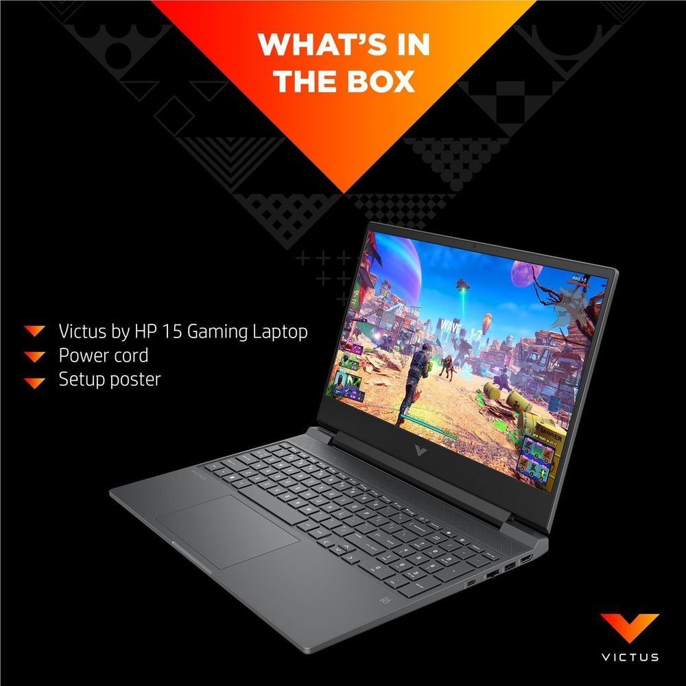 Victus gaming laptop with screen displaying gameplay, dark gray keyboard and trackpad