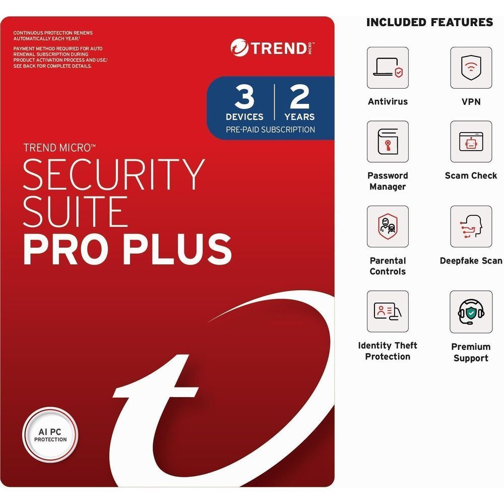 Trend Micro Security Suite Pro Plus 3-device, 2-year prepaid subscription card