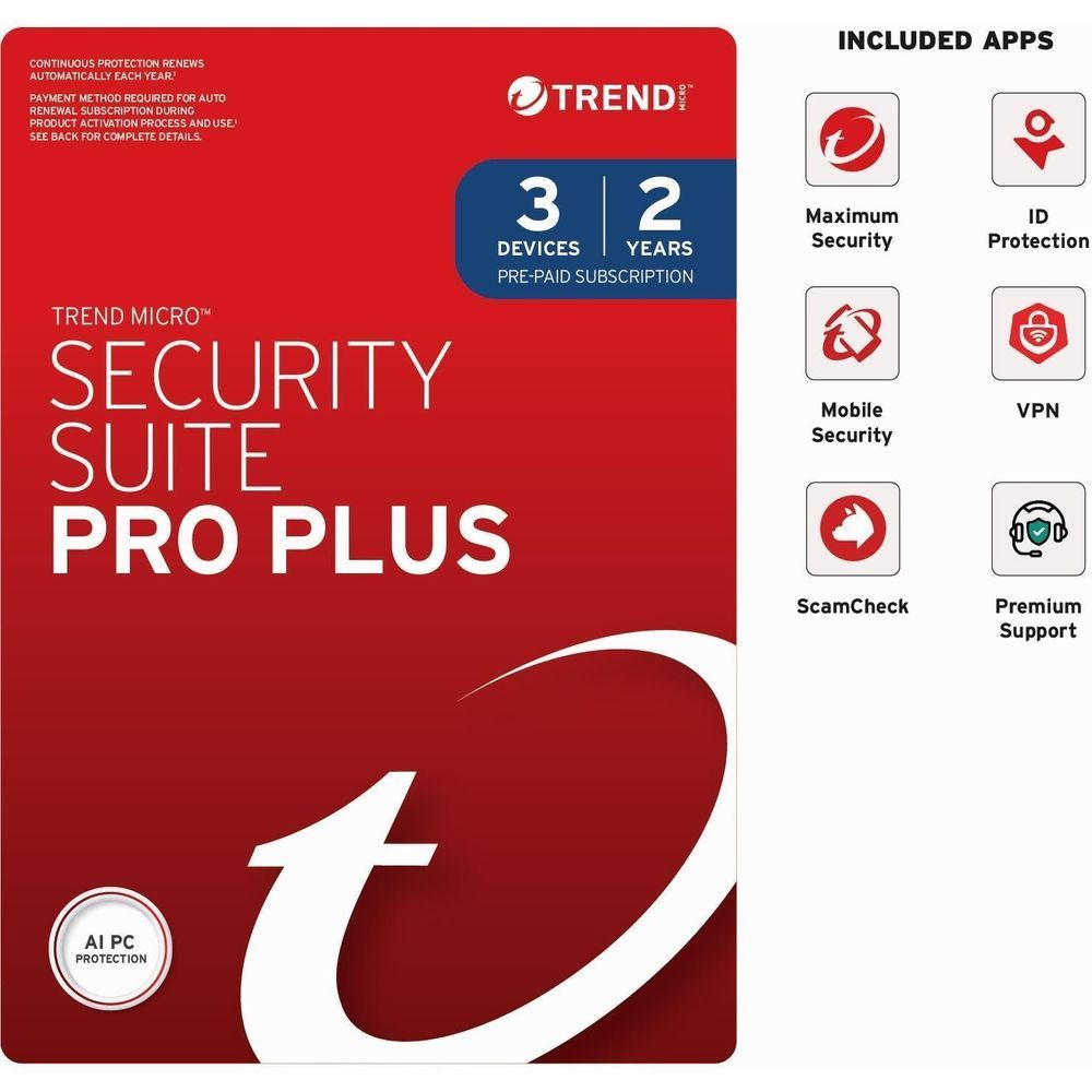 Trend Micro Security Suite Pro Plus included apps icons card with 3 devices and 2 years