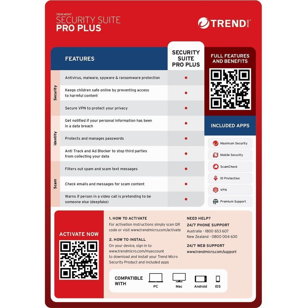 Security Suite Pro Plus feature sheet with QR code and install guide