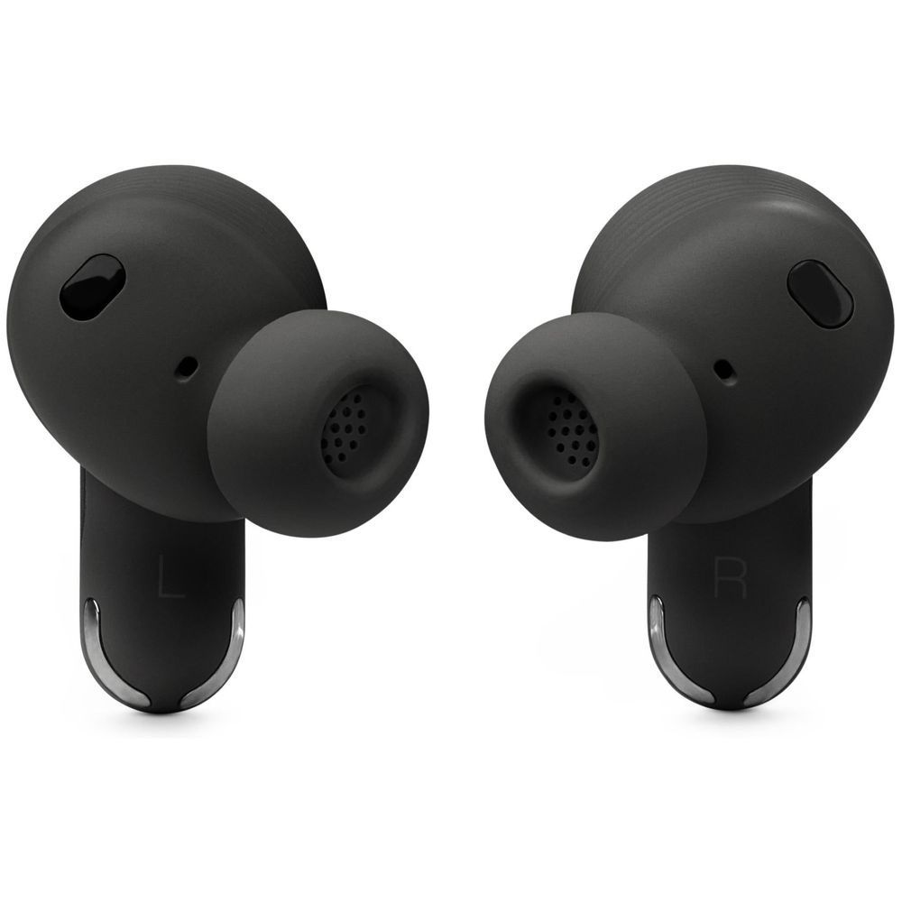 Black wireless earbuds with silicone ear tips and grille microphones, left and right