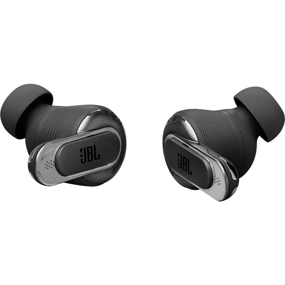 Black JBL earbuds with charging case removed, showing metallic accents and earbuds