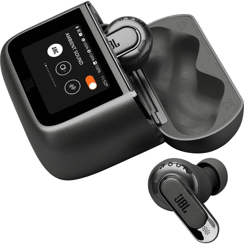 Black smart charging case with earbuds docked and screen displaying audio mode