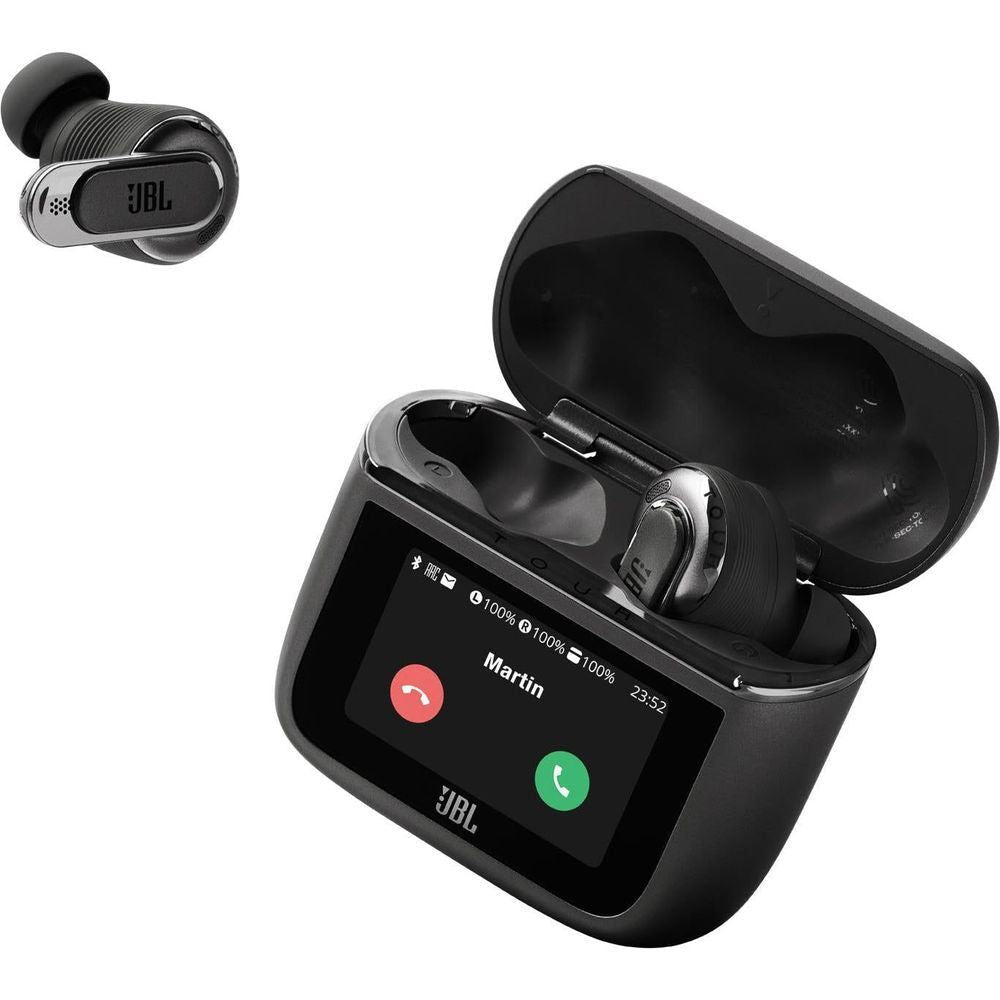Black earbuds in open smart case with screen showing call controls and icons