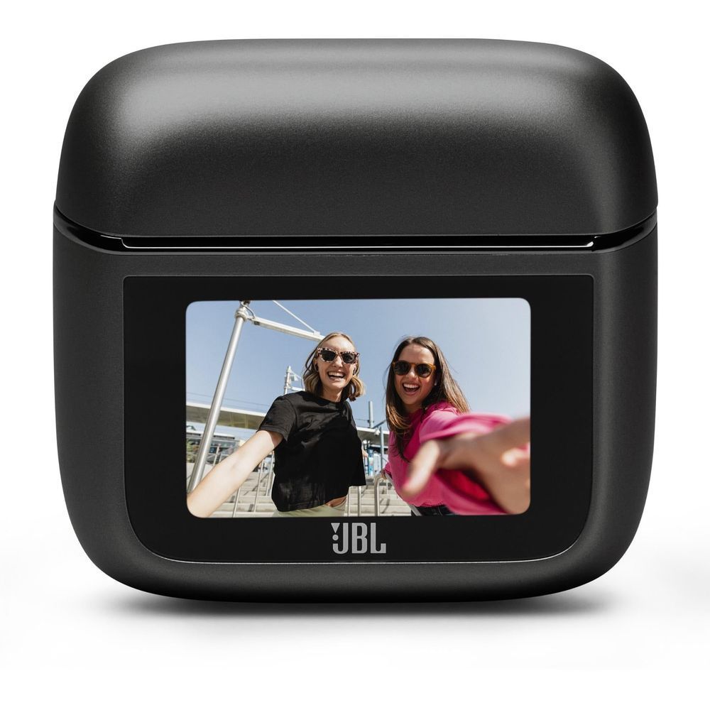 Black JBL smart case with front display screen, earbuds not visible