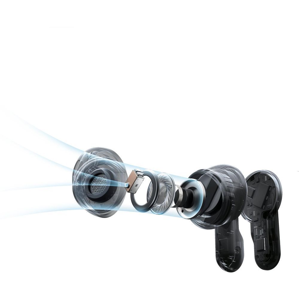 Black JBL earbuds with sound-wave style motion lines to suggest active noise control