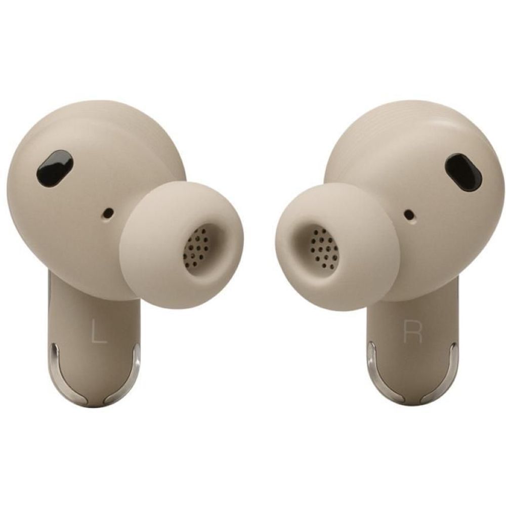 Latte earbuds with in-ear tips and speaker grilles, front view