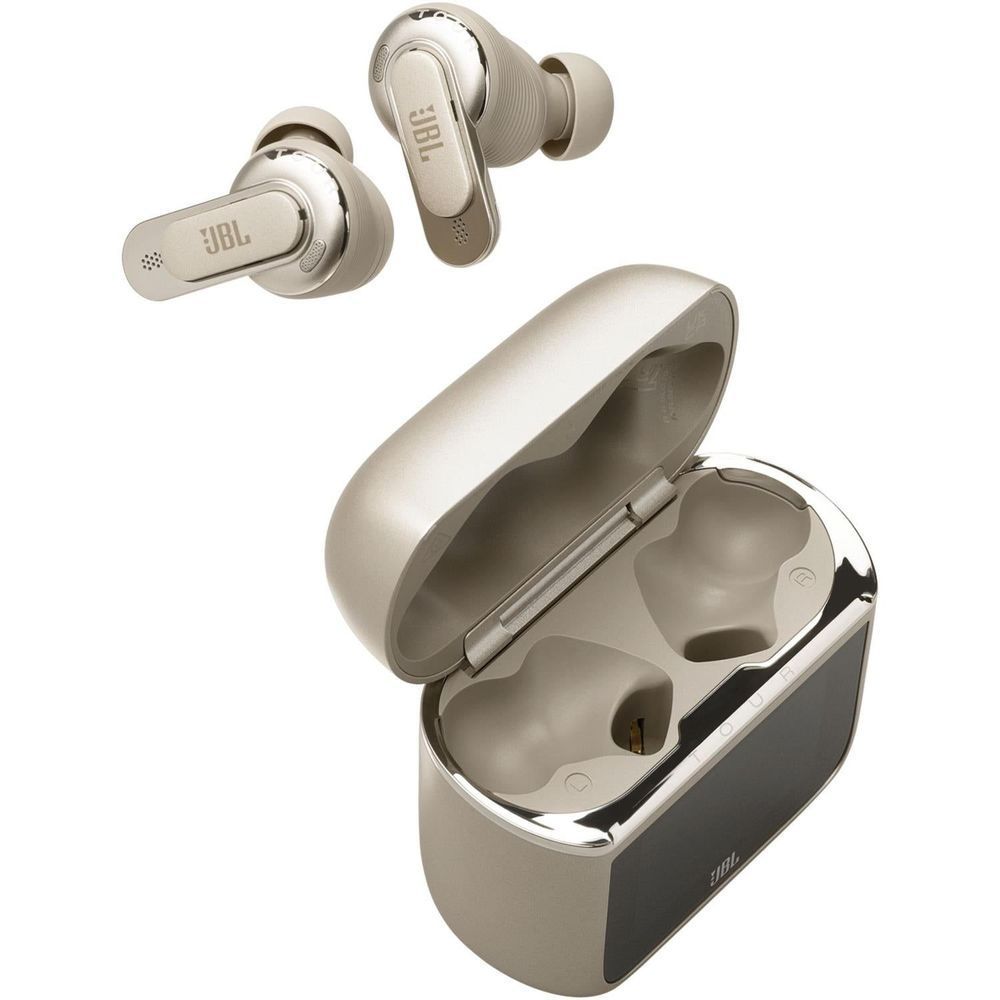 Latte earbuds with open charging smart case, top view
