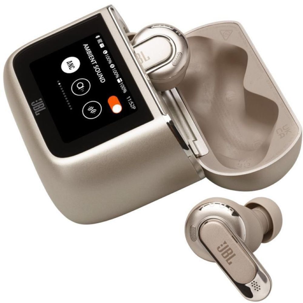Latte wireless earbuds with smart case screen showing noise controls