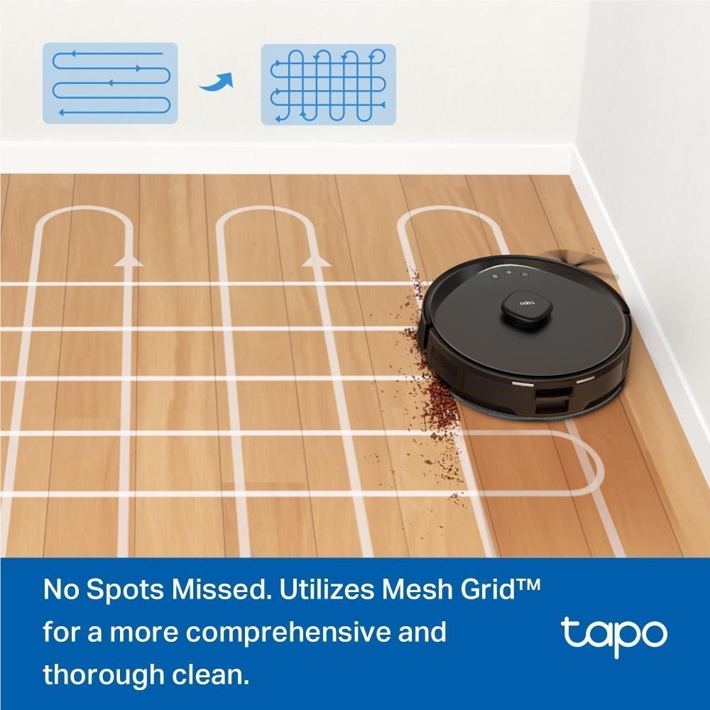 Robot vacuum and mop cleaning on wood floor with visible grid cleaning lines