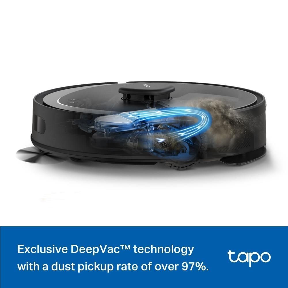 Robot vacuum and mop with blue suction airflow under the transparent top cover
