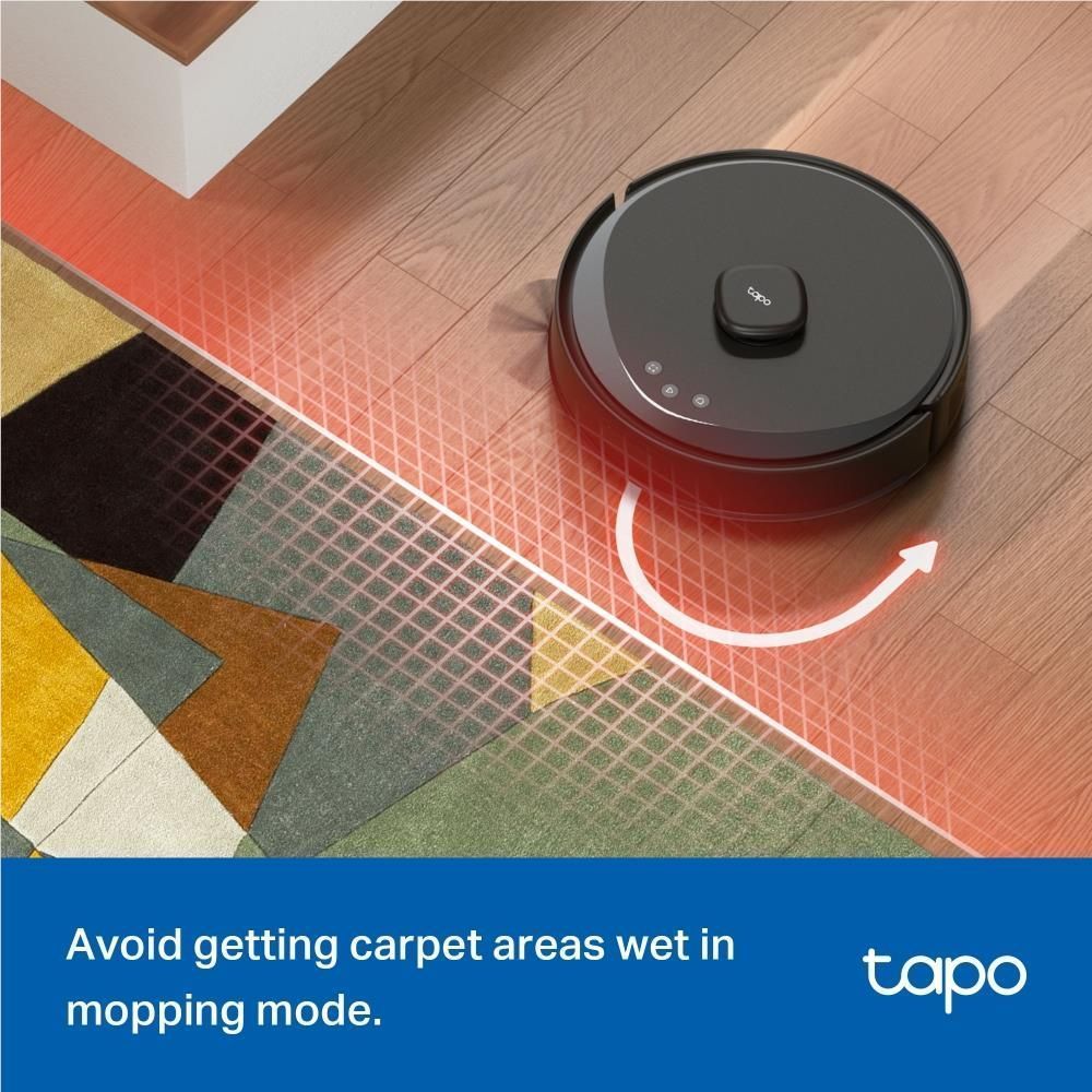 Robot vacuum and mop near carpet edge on tile and rug surfaces with guidance curve
