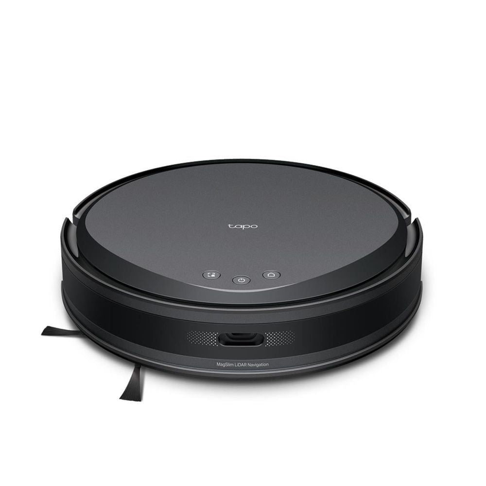 Black circular robot vacuum from above, control buttons on top and side brush