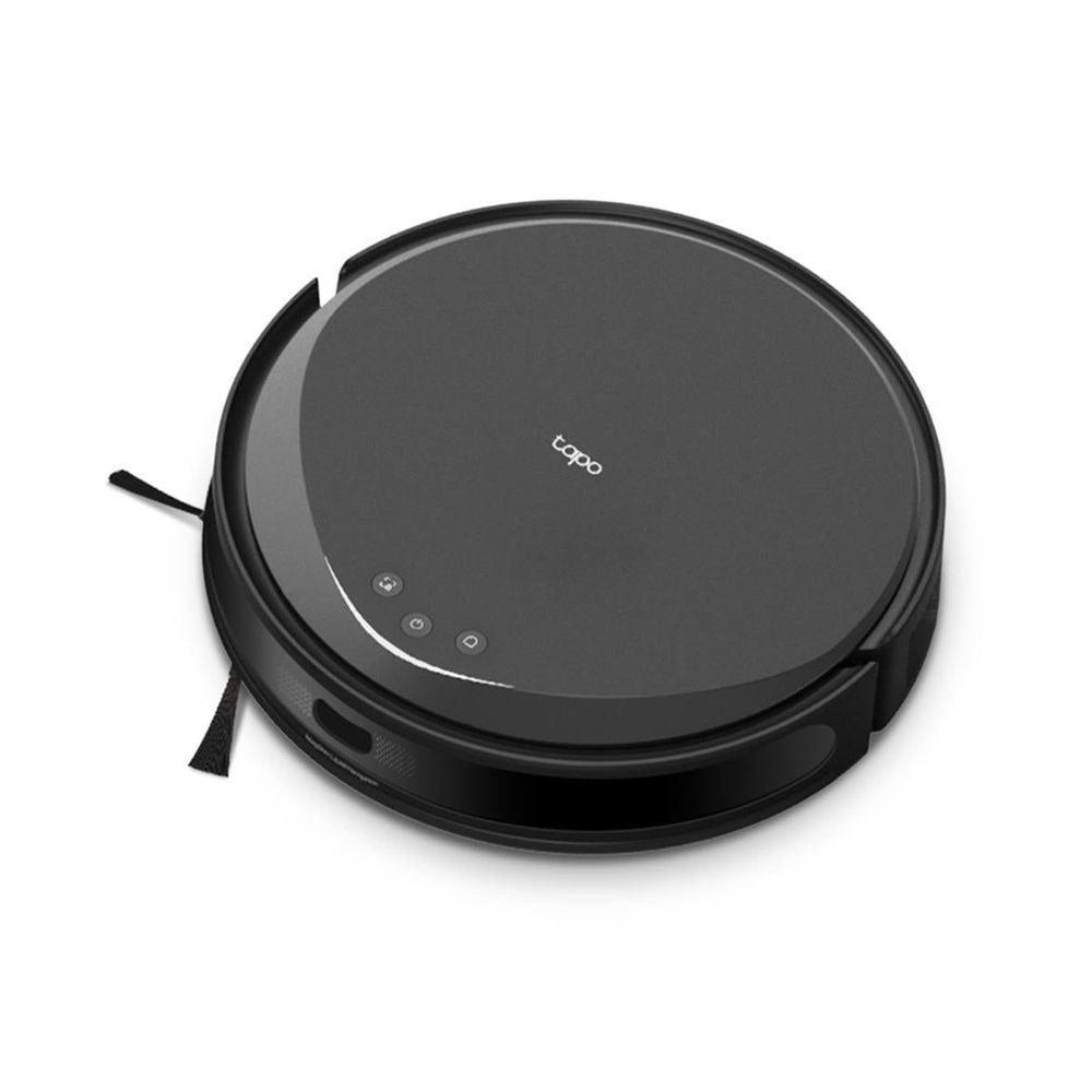 Black robot vacuum from angled top view, side sweep brush and top controls