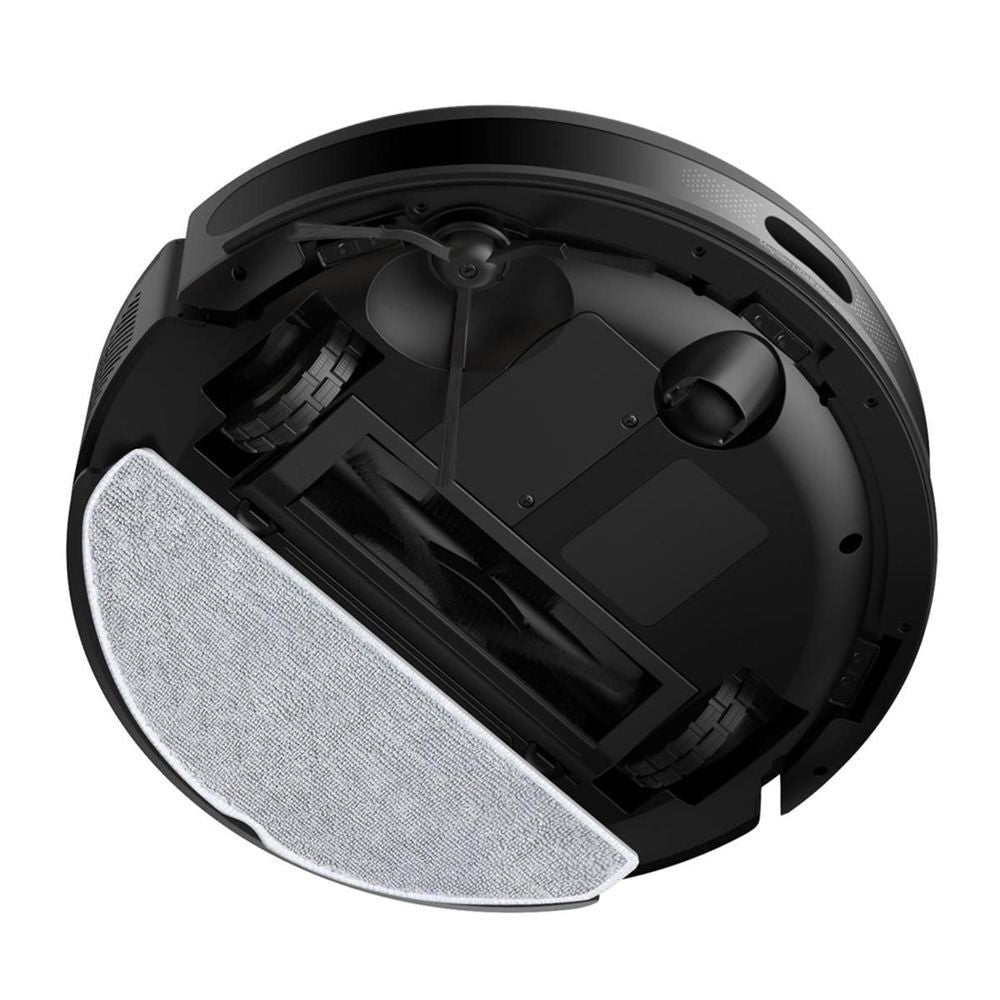 Black robot vacuum base underside with mopping pad and rotating brush components