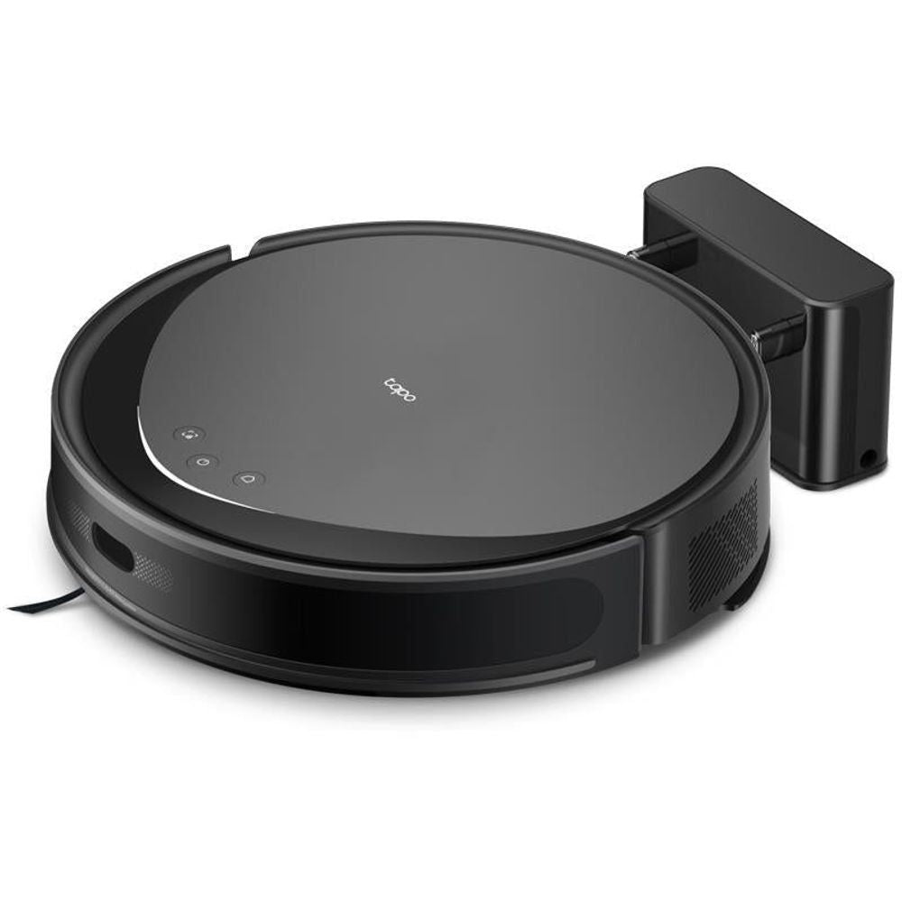 Robot vacuum and mop in matte black with side dock attachment on right