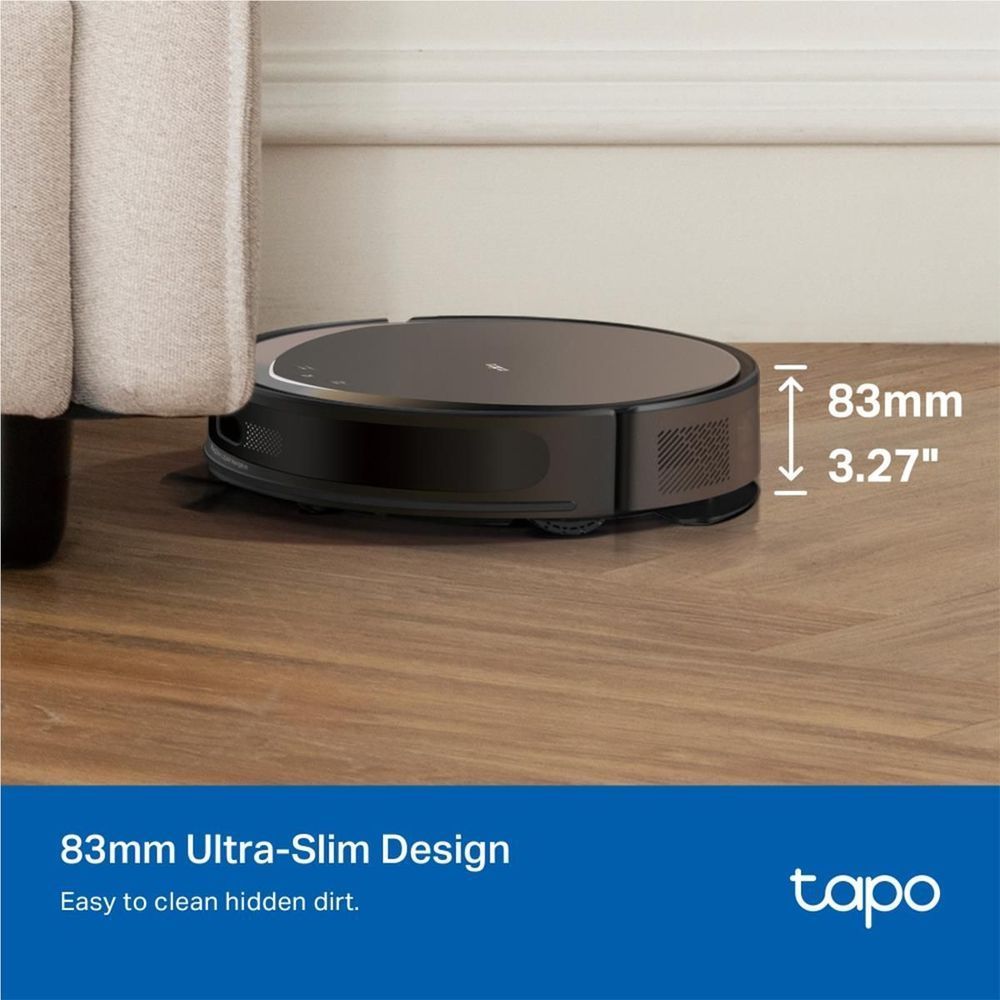 Ultra-slim robot vacuum and mop navigating on wood floor near sofa