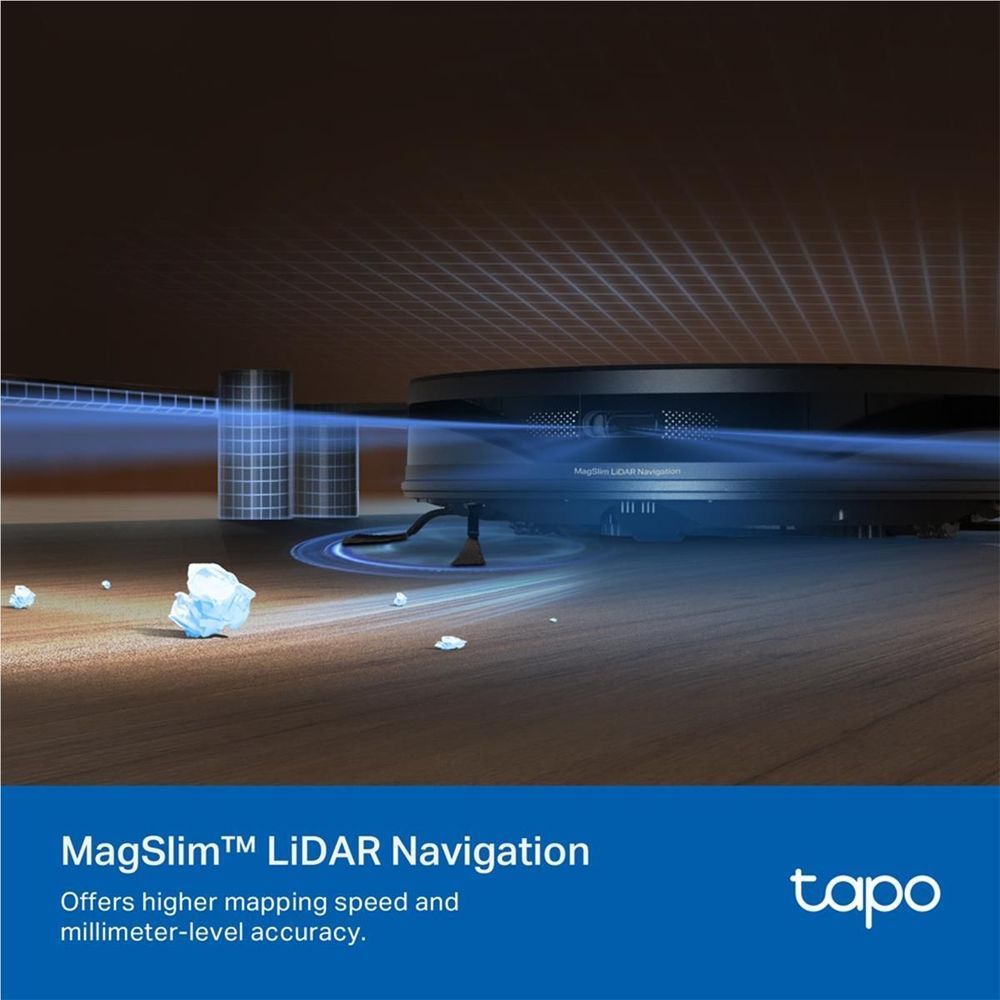 Robot vacuum and mop projecting blue lidar beams across the floor