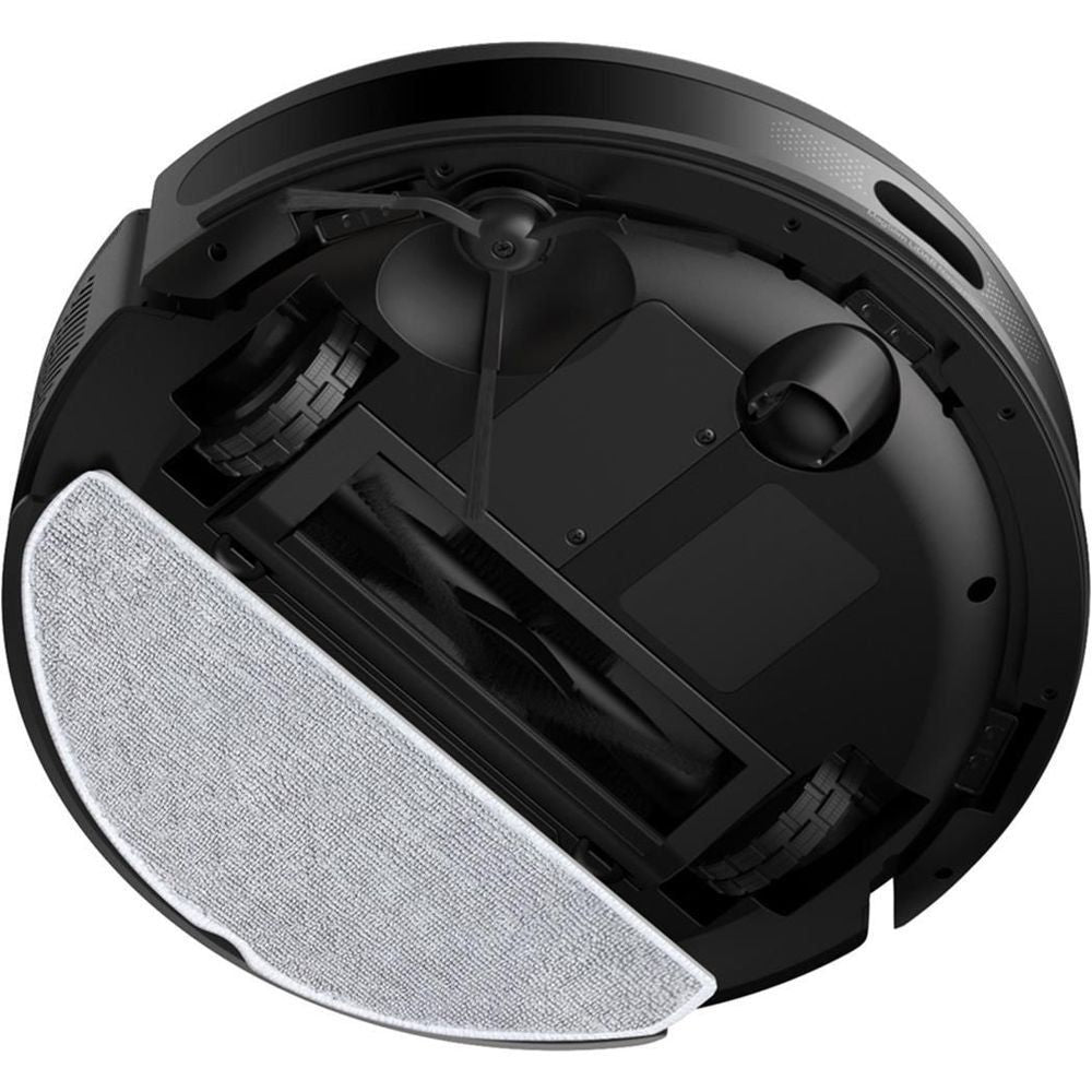 Robot vacuum and mop underside with microfiber mop pad and rotating brushes