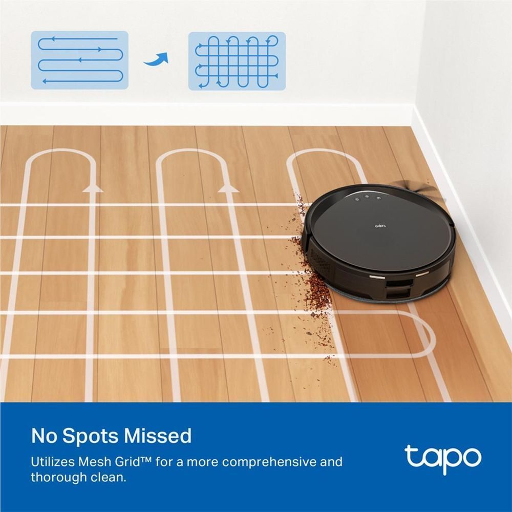 Robot vacuum and mop cleaning with mapped route lines on wood floor