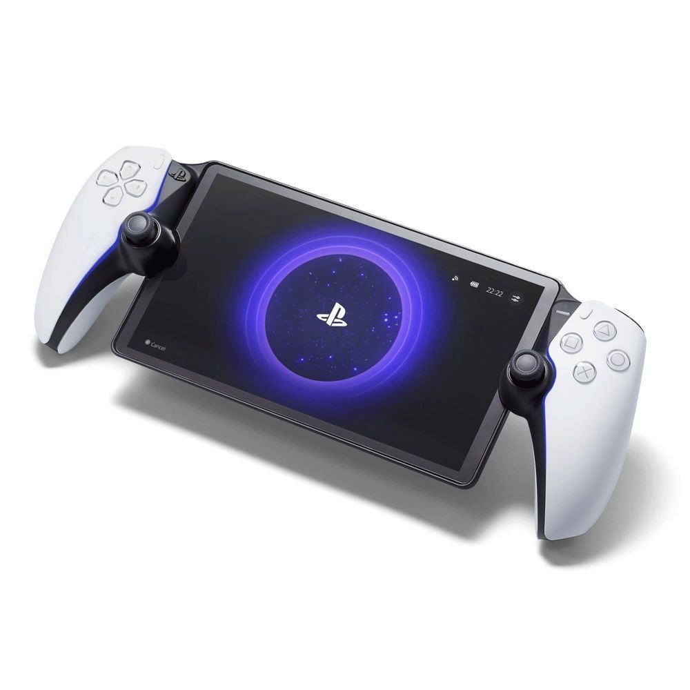 PlayStation Portal handheld showing blue PlayStation logo on protected screen