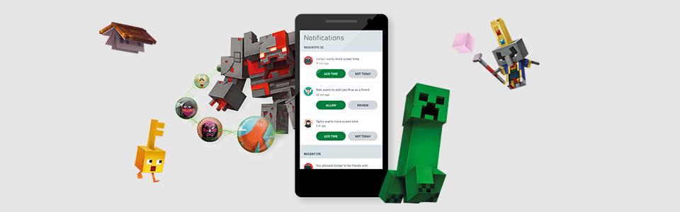 Assorted game character figures with a smartphone displaying options