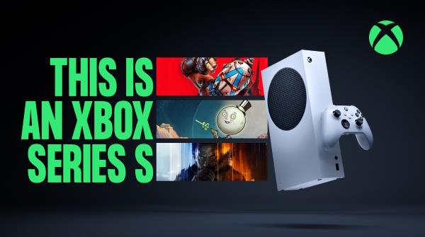 White Xbox Series S console and controller beside green Xbox logo