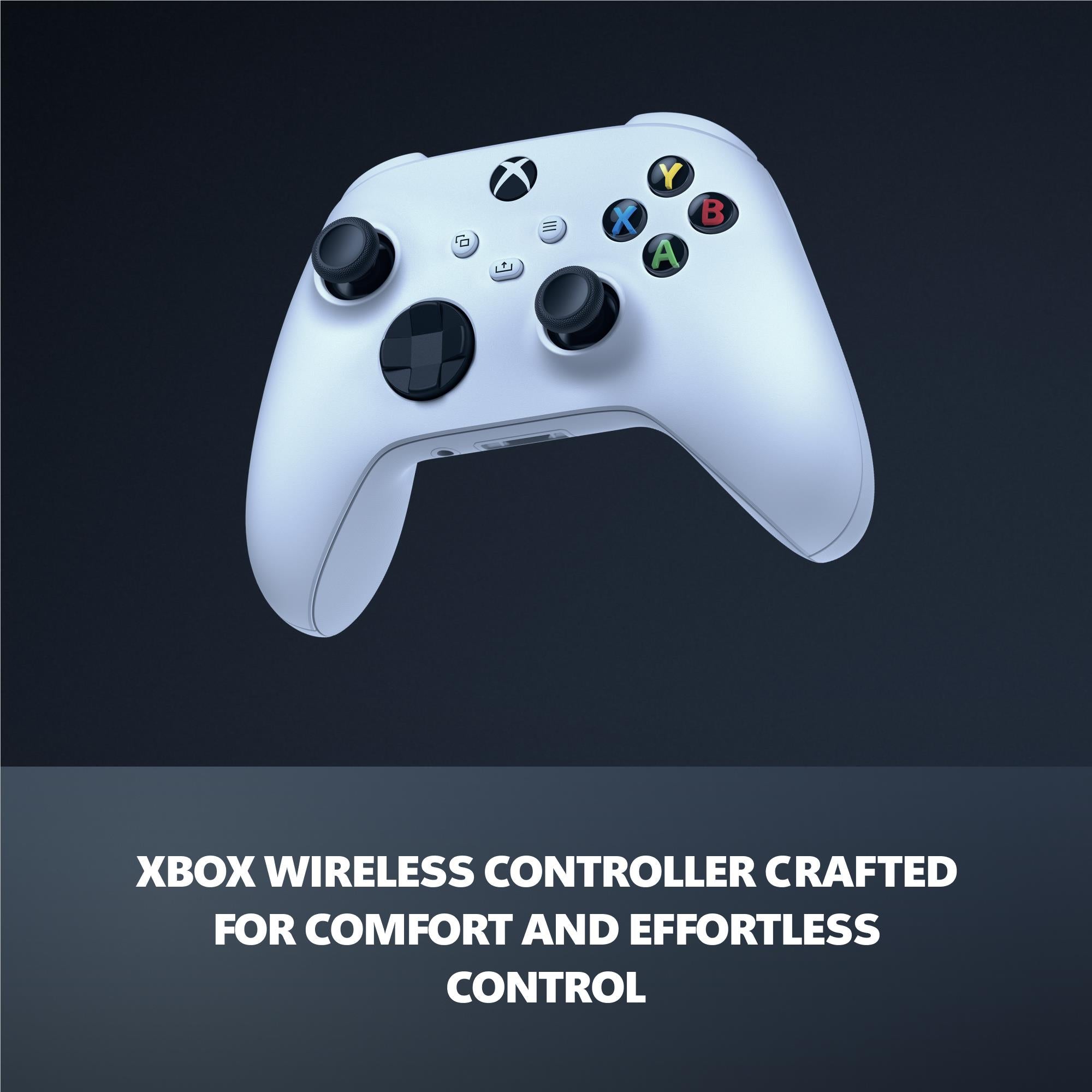 White Xbox wireless controller with twin thumbsticks and colored face buttons