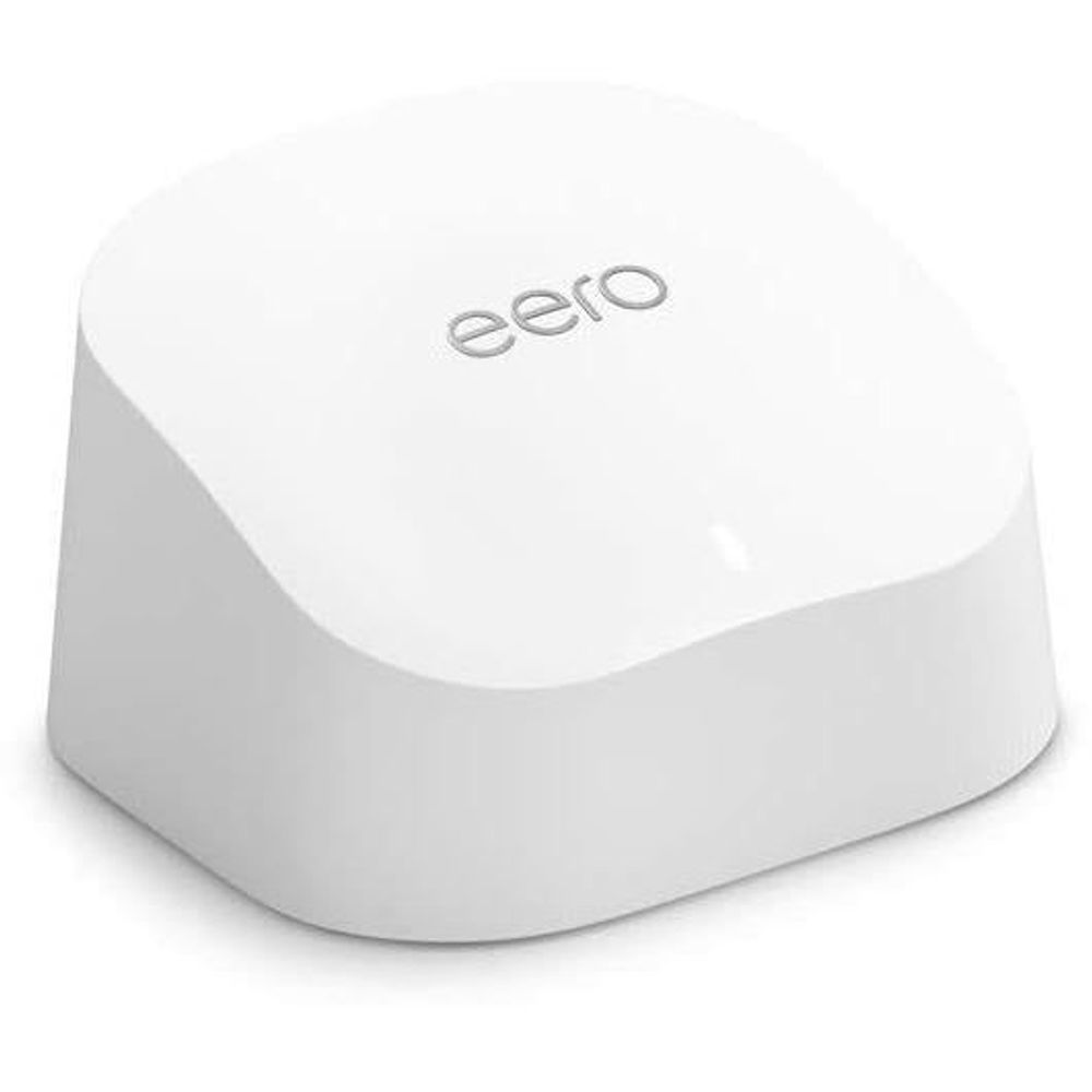 White eero mesh Wi-Fi router with top logo, rounded base