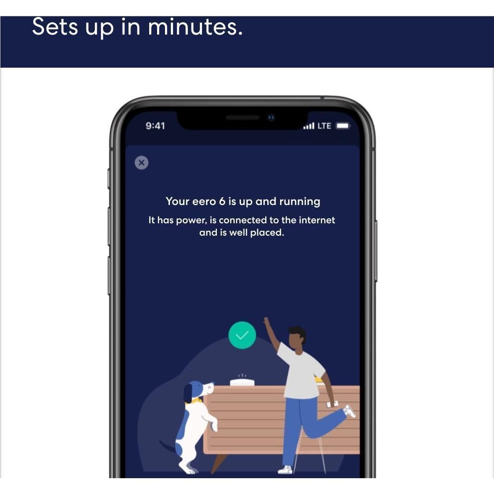 Phone setup screen indicating eero router is up and running