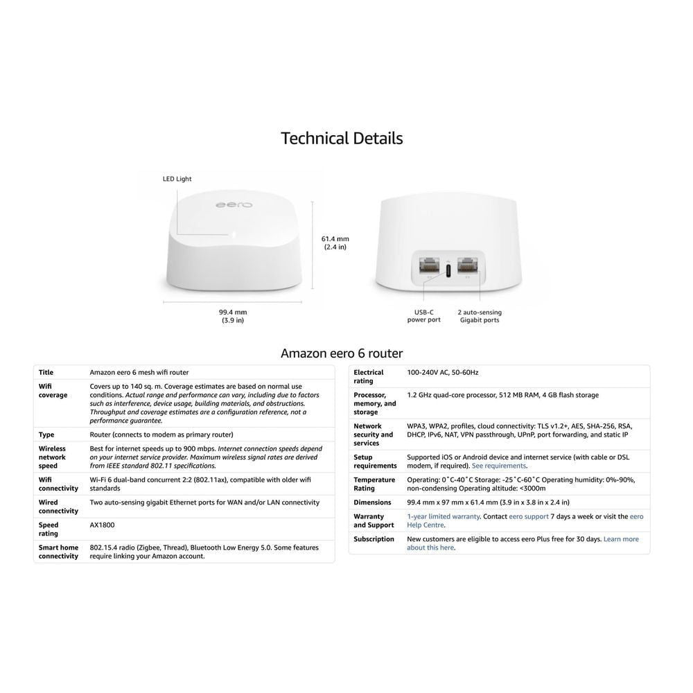 White eero router with Ethernet and power ports shown in technical details