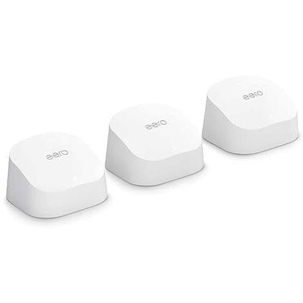 Set of three white eero mesh Wi‑Fi routers, round dome design with eero logo