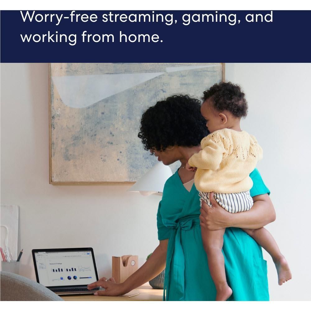 Family using a laptop and child on a couch, Wi‑Fi streaming benefits shown in banner