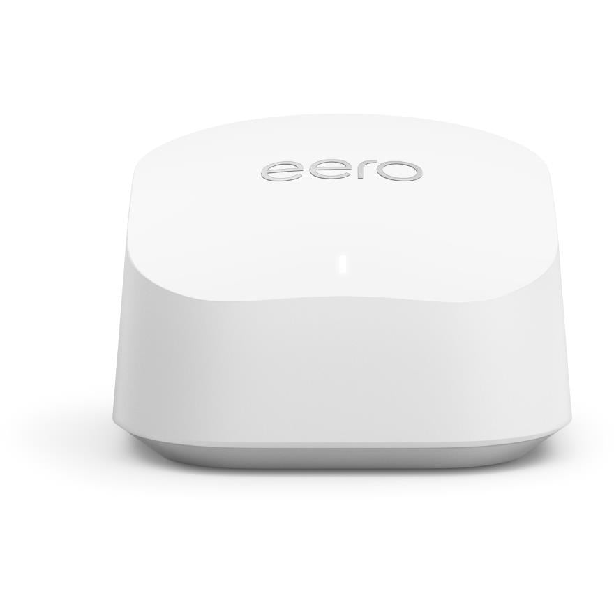 White eero mesh Wi-Fi router with top logo and small status light