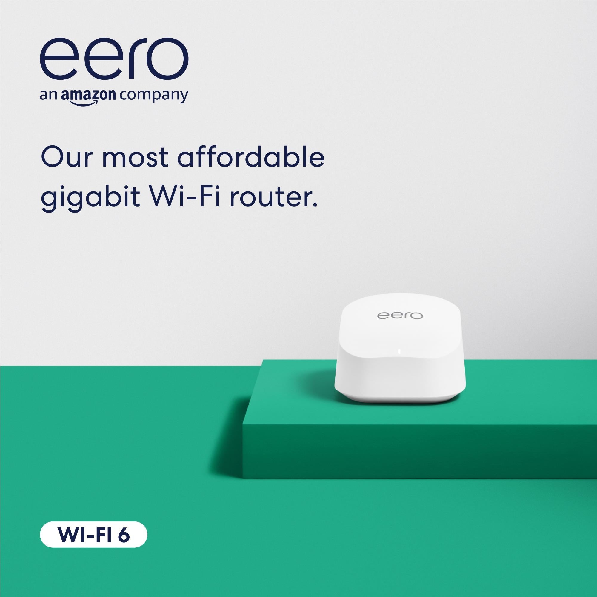 White eero mesh Wi-Fi router unit with eero logo on top