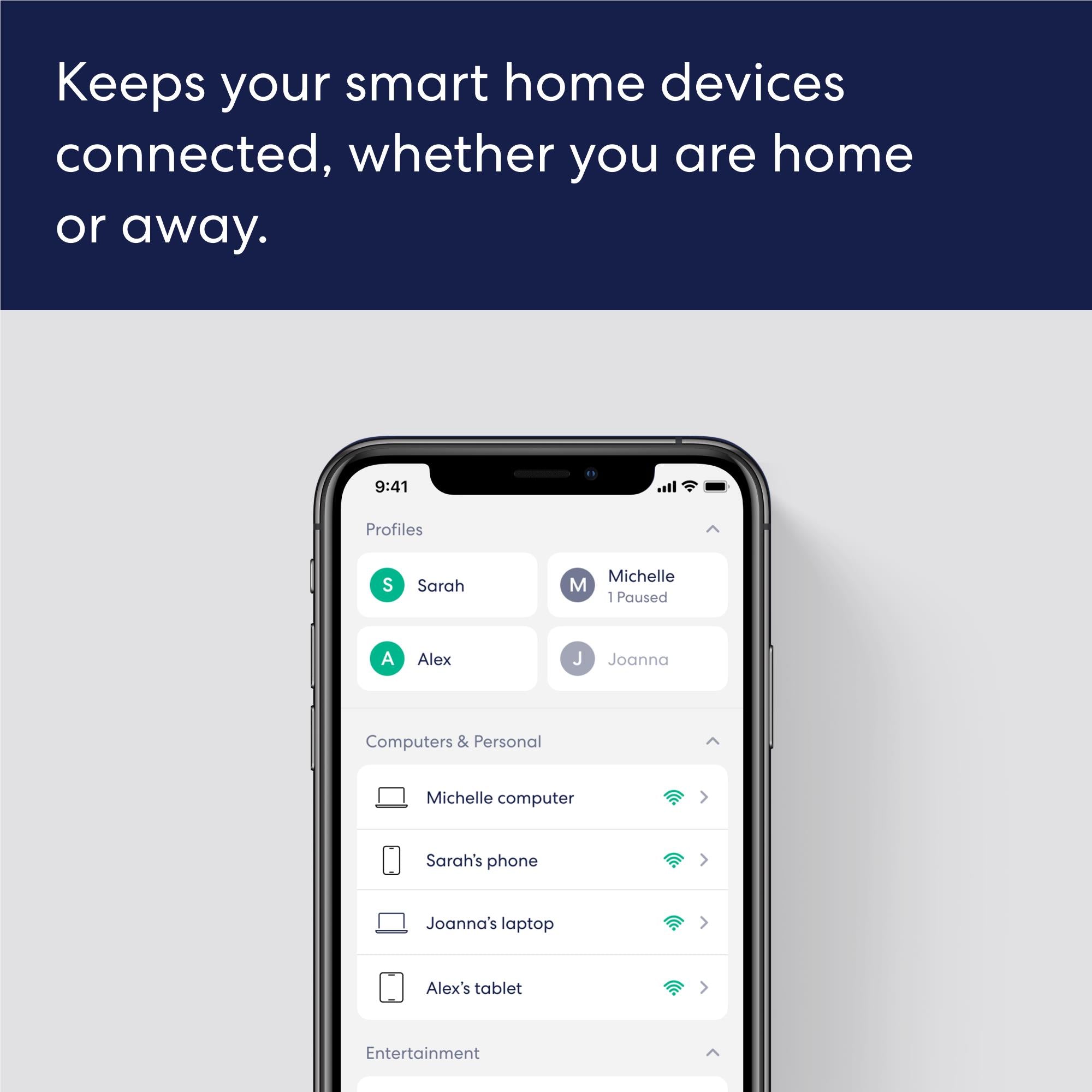 Smartphone displaying eero app with device and profile list