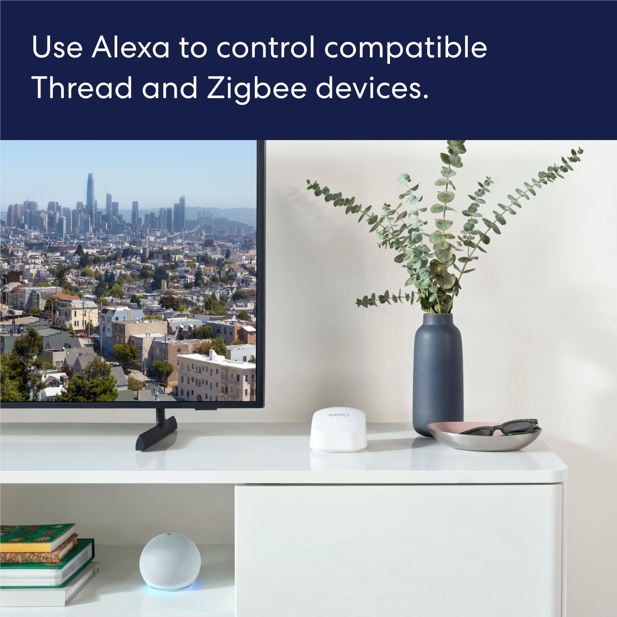 White eero mesh Wi-Fi router on cabinet with smart home devices nearby