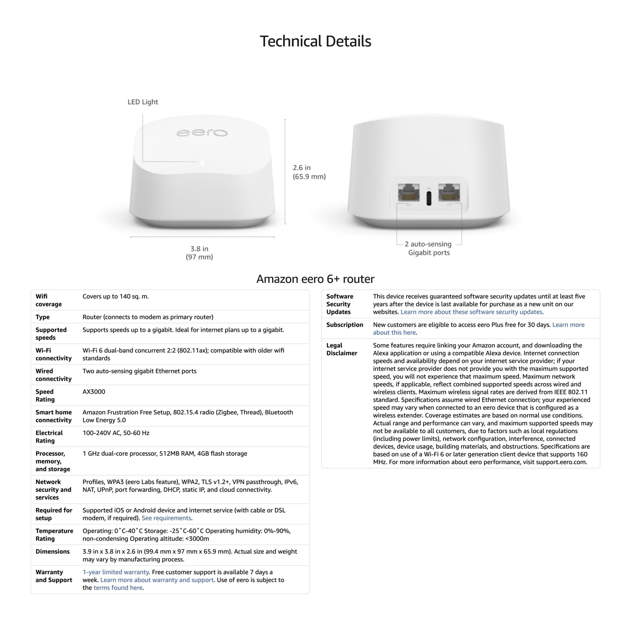 eero mesh Wi-Fi router front and rear ports shown with LED light label