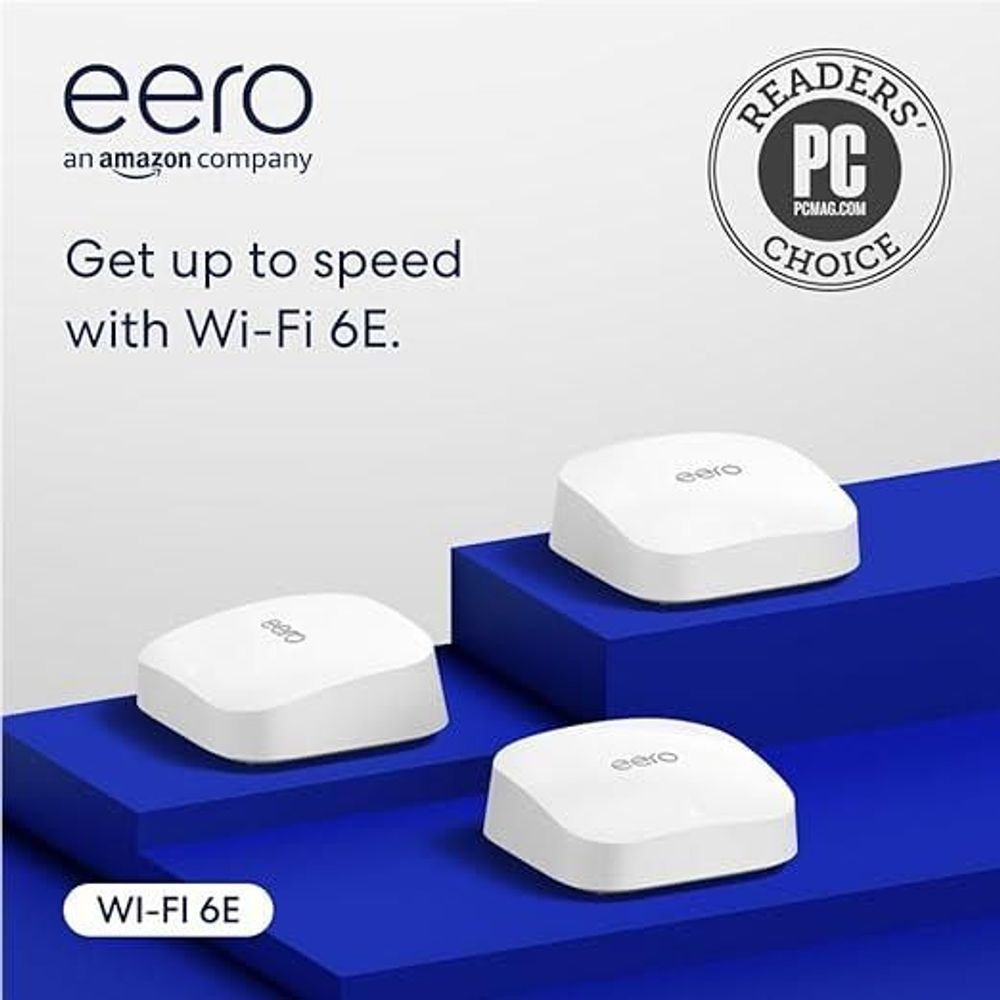 eero Pro 6E mesh Wi-Fi router (3-pack) with three white eero nodes
