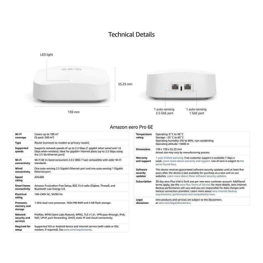 eero Pro 6E mesh Wi-Fi router technical details view, front and side