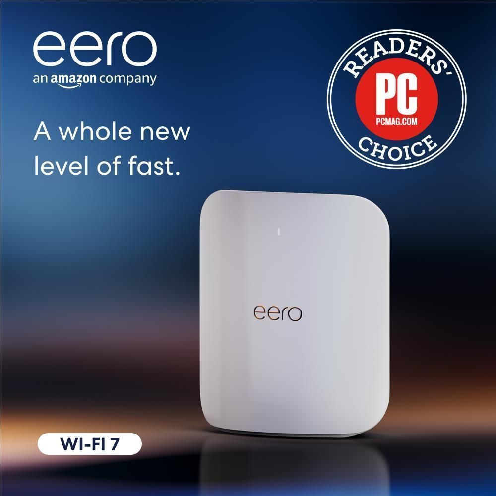 eero Max 7 mesh Wi-Fi 7 router, white cube with logo